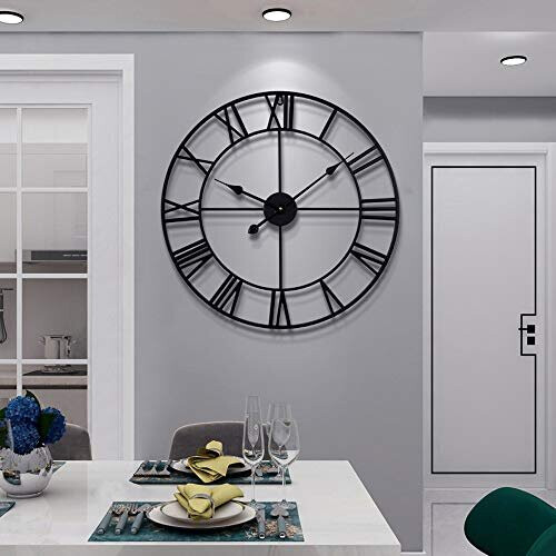 Vintage Large Wall Clock Round Metal Silent Non-ticking Battery Operated 60cm Black Roman Numerals Clocks for Living Room,Bedroom,Kitchen Decor -