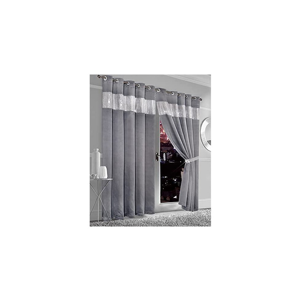 Olivia Rocco Diamante Blackout Eyelet Curtains With Tie Backs Black Out Thermal Ring Top Curtain Pair Window Dressing, 66" (Width) x 54" (Dr-image-OPC-P99PRS2-NEW