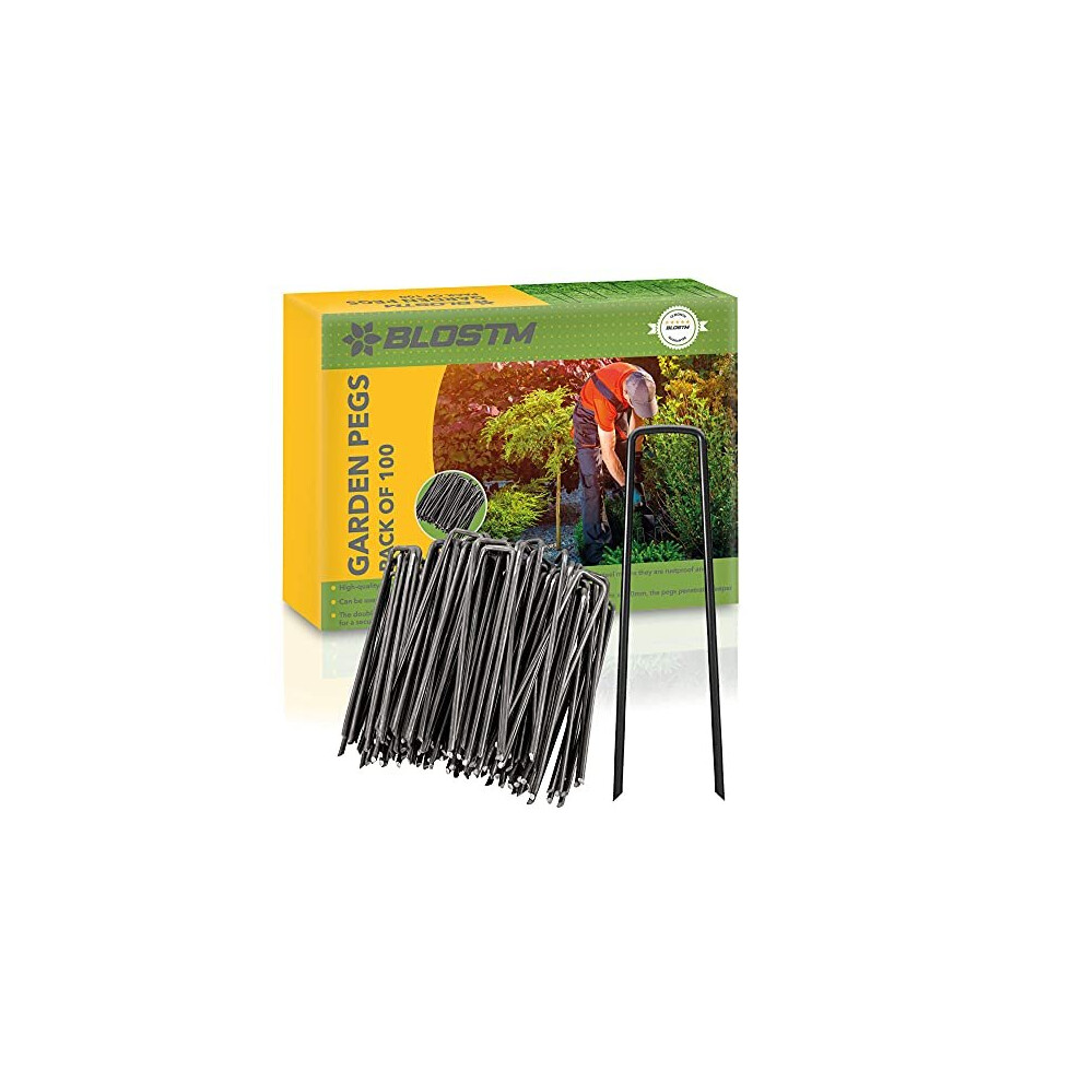BLOSTM 100 x Black Galvanised Garden Pegs Landscape Staples U Pins Ideal For Securing Weed Matting Fabric, Netting, Fleece, Groundsheet, Pol