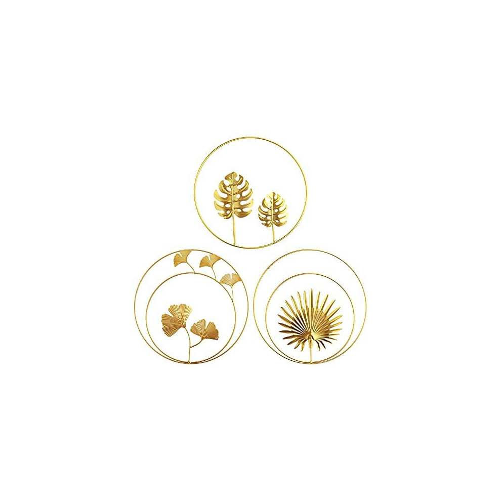 DriSubt Gold Wall Art 3pcs Nordic Style Wall Art Round Leaves Metal Wall Decor for Living Room, Girls Bedroom Decor, Wall Decoration Home Ornamen