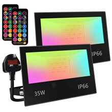Bhochy LED Floodlight Outdoor 35W, Colour Changing Flood Lights with Remote Control, Timing, 4 Modes, IP66 Waterproof, UK 3-Plug?2 Pack[Energy Cl