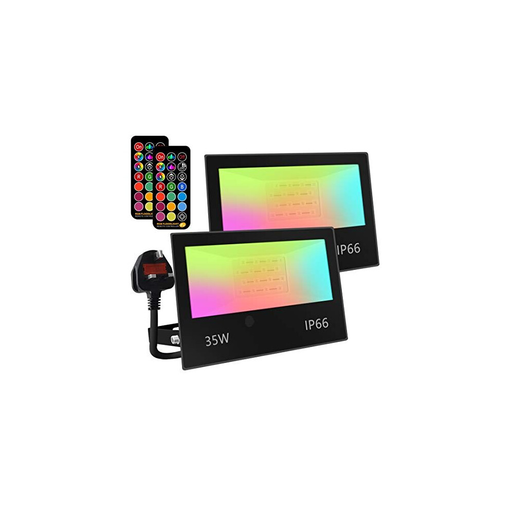 Bhochy LED Floodlight Outdoor 35W, Colour Changing Flood Lights with Remote Control, Timing, 4 Modes, IP66 Waterproof, UK 3-Plug?2 Pack[Energy Cl