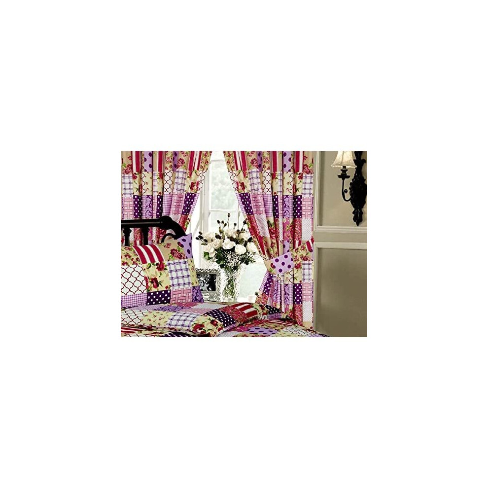 Ambiance Patchwork Berry, 66X72 Curtains + Matching Tie-Backs, Floral Damask Polka Dots Spots Flowers Thatch Weave Tartan Check, Aubergine Plu Purple