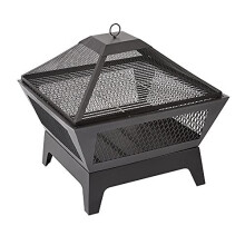Trueshopping Black Square Outdoor Steel Fire Pit with Mesh Lid - Basket Bowl Fireplace Brazier - Log, Wood & Charcoal Burner Garden Patio Heater