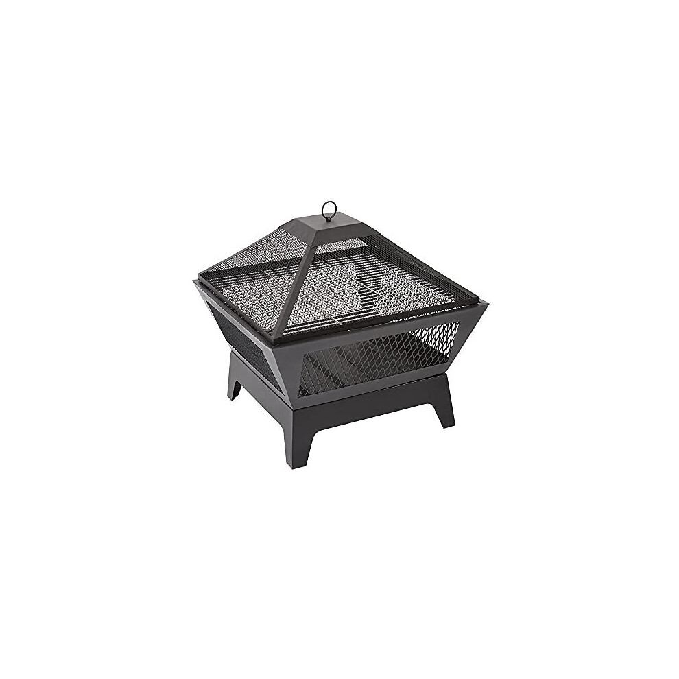 Trueshopping Black Square Outdoor Steel Fire Pit with Mesh Lid - Basket Bowl Fireplace Brazier - Log, Wood & Charcoal Burner Garden Patio Heater