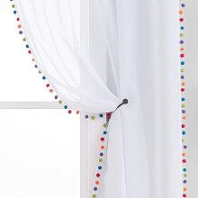 Treatmentex Sheer White Curtains with Multi-Color Pom-Pom Sheer Curtains for Toddler 84" Long Linen Textured Decorative Nursery Room Window