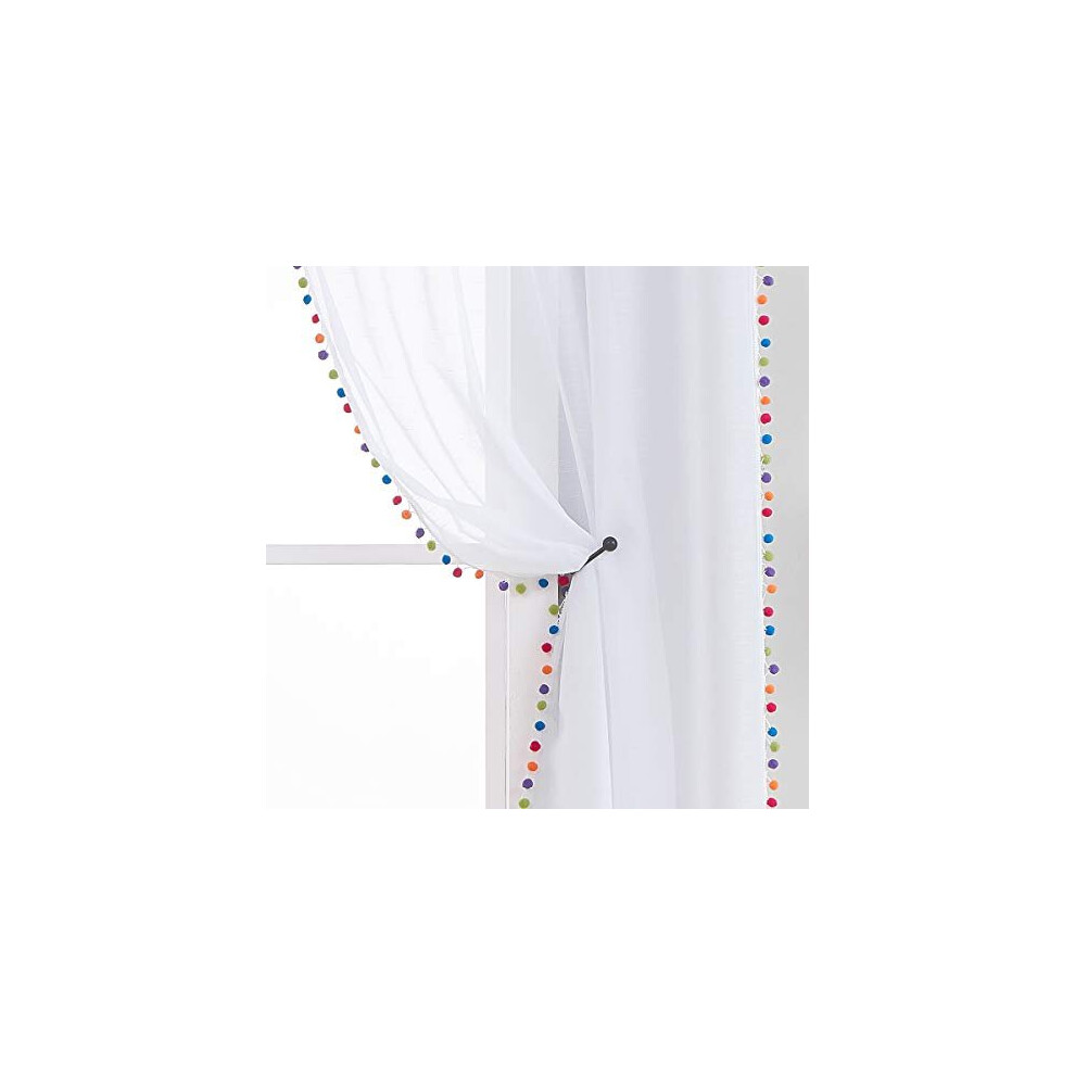 Treatmentex Sheer White Curtains with Multi-Color Pom-Pom Sheer Curtains for Toddler 84" Long Linen Textured Decorative Nursery Room Window