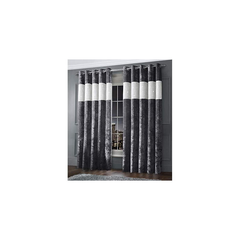 Intimates Luxury Thermal Crushed Velvet Diamante Charcoal Grey Ringtop/Eyelet Pair of Curtains (66x90)