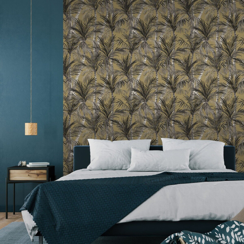DUTCH WALLCOVERINGS Wallpaper Palm Trees Gold and Black Wall Covering Panel