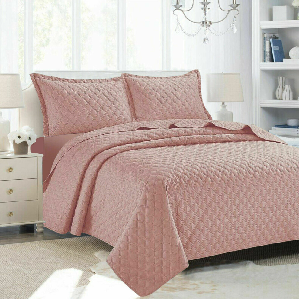 (King-240x240cm) 3 Piece Luxury Pink Quilted Bedspread Bed Throws