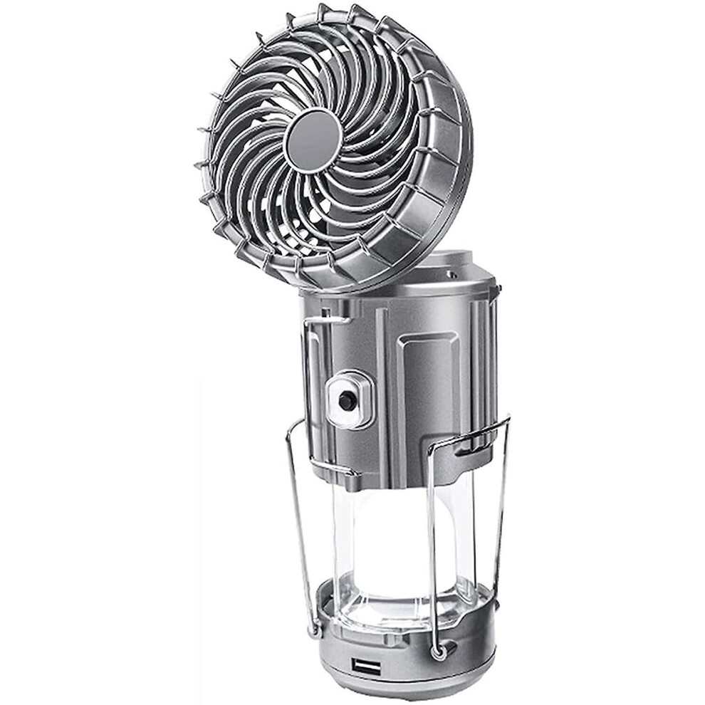 (Silver) 6 In 1 Solar Camping Lantern With Fan Led Hiking Light Portable Outdoor Fishing Lamp