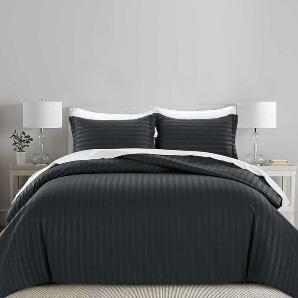 Oxford Homeware (, Double) Luxury Duvet Set Stripe Duvet Quilt Cover Bedding Set With Pillowcases Black