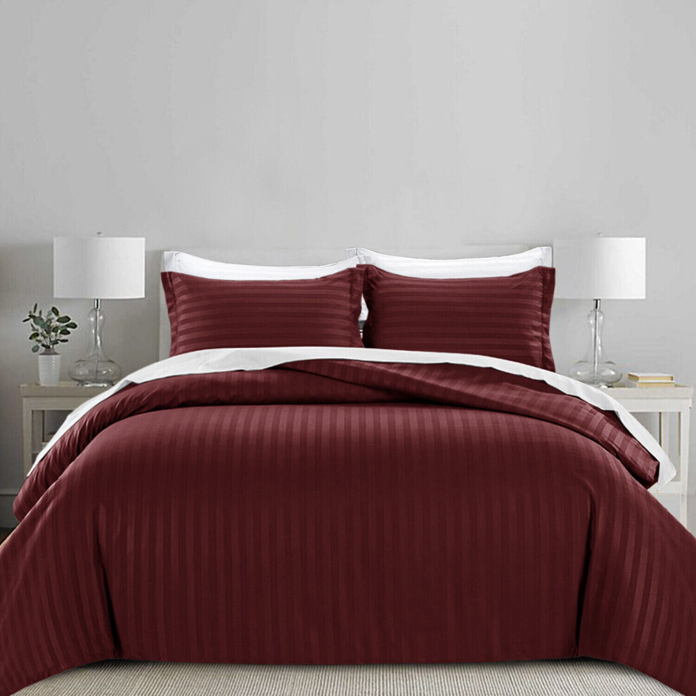 Oxford Homeware (Burgundy, King) Luxury Duvet Set Stripe Duvet Quilt Cover Bedding Set With Pillowcases Red