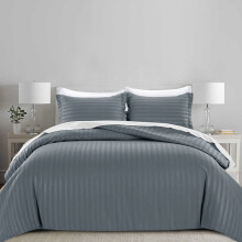 (Charcoal Grey, Double) Luxury Duvet Set Stripe Duvet Quilt Cover Bedding Set with Pillowcases
