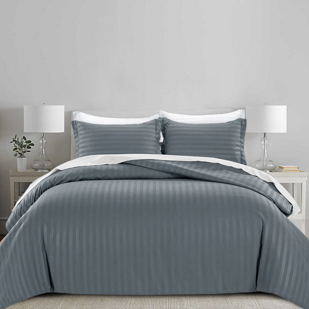 Oxford Homeware (Charcoal Double) Luxury Duvet Set Stripe Duvet Quilt Cover Bedding Set With Pillowcases Grey