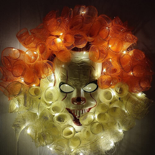 Joker Mask Wreath Halloween Wreath Handmade Horror Party Garland Glowing Garland Decoration Pendant for Front Door Indoor Outdoor Window Decorations