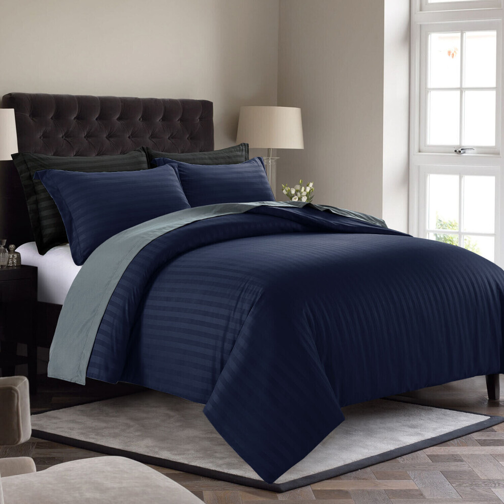 (Navy Blue, Super King) Luxury Duvet Set Stripe Duvet Quilt Cover Bedding Set with Pillowcases