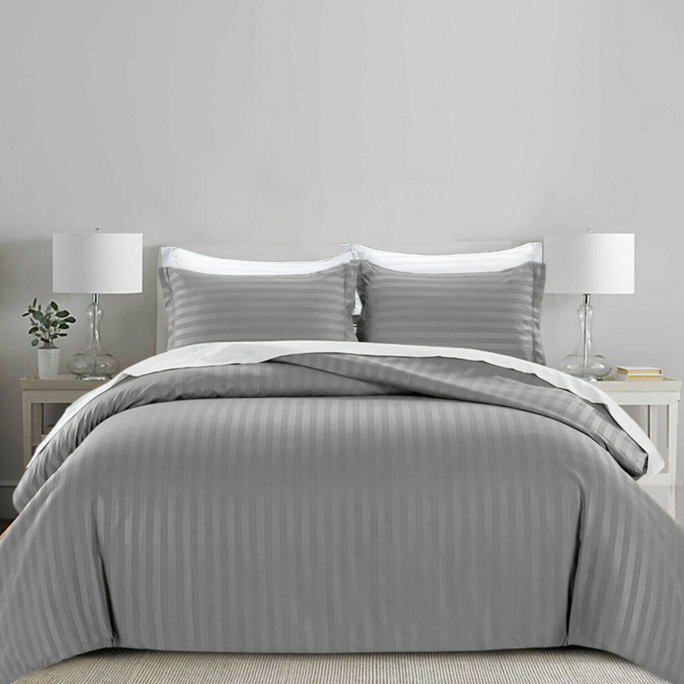 (Grey, Super King) Luxury Duvet Set Stripe Duvet Quilt Cover Bedding Set with Pillowcases