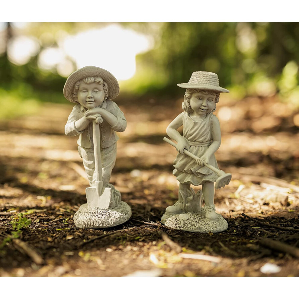 Stone Effect Gardening Kids Statue, Boy and Girl Garden Ornaments