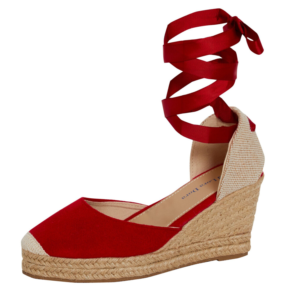 (Red, 6 UK) Womens Espadrille Wedge Sandals Strappy Hessian Wedges Ankle Wrap Tie Leg Straps