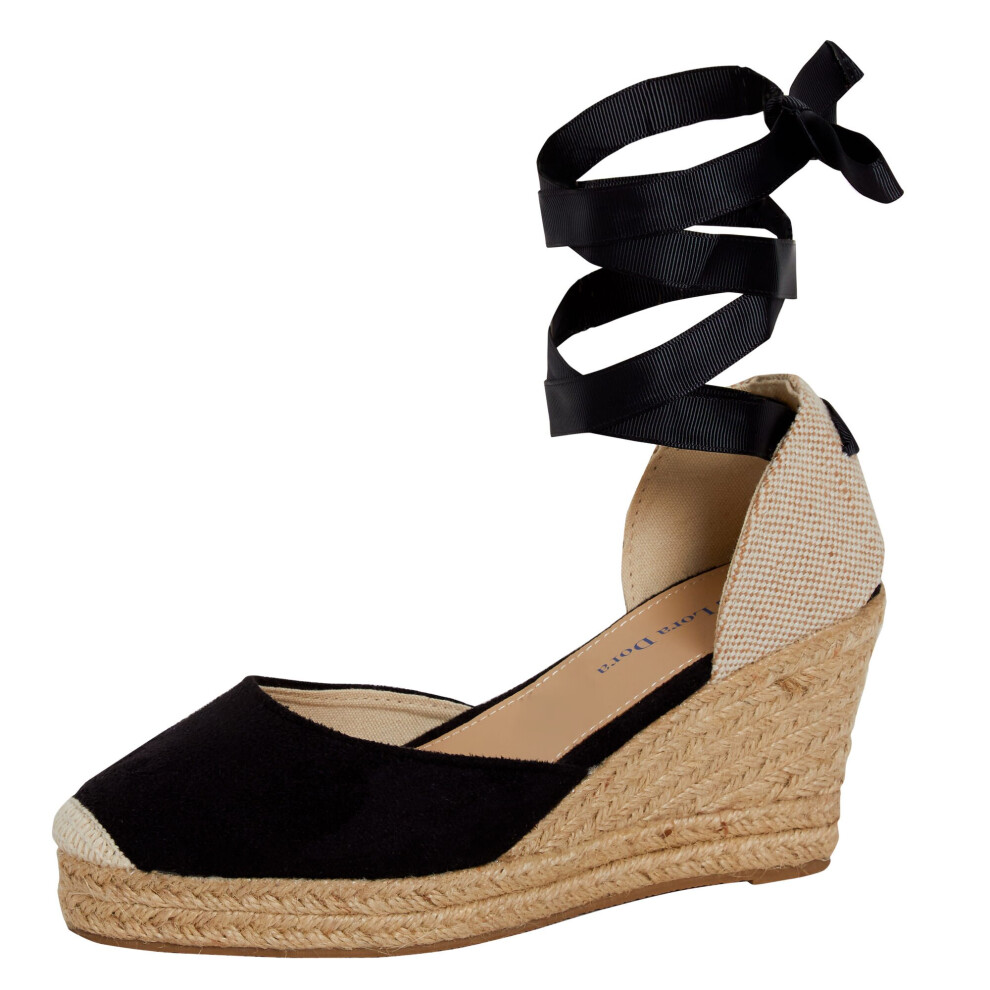 (Black, 5 UK) Womens Espadrille Wedge Sandals Strappy Hessian Wedges Ankle Wrap Tie Leg Straps