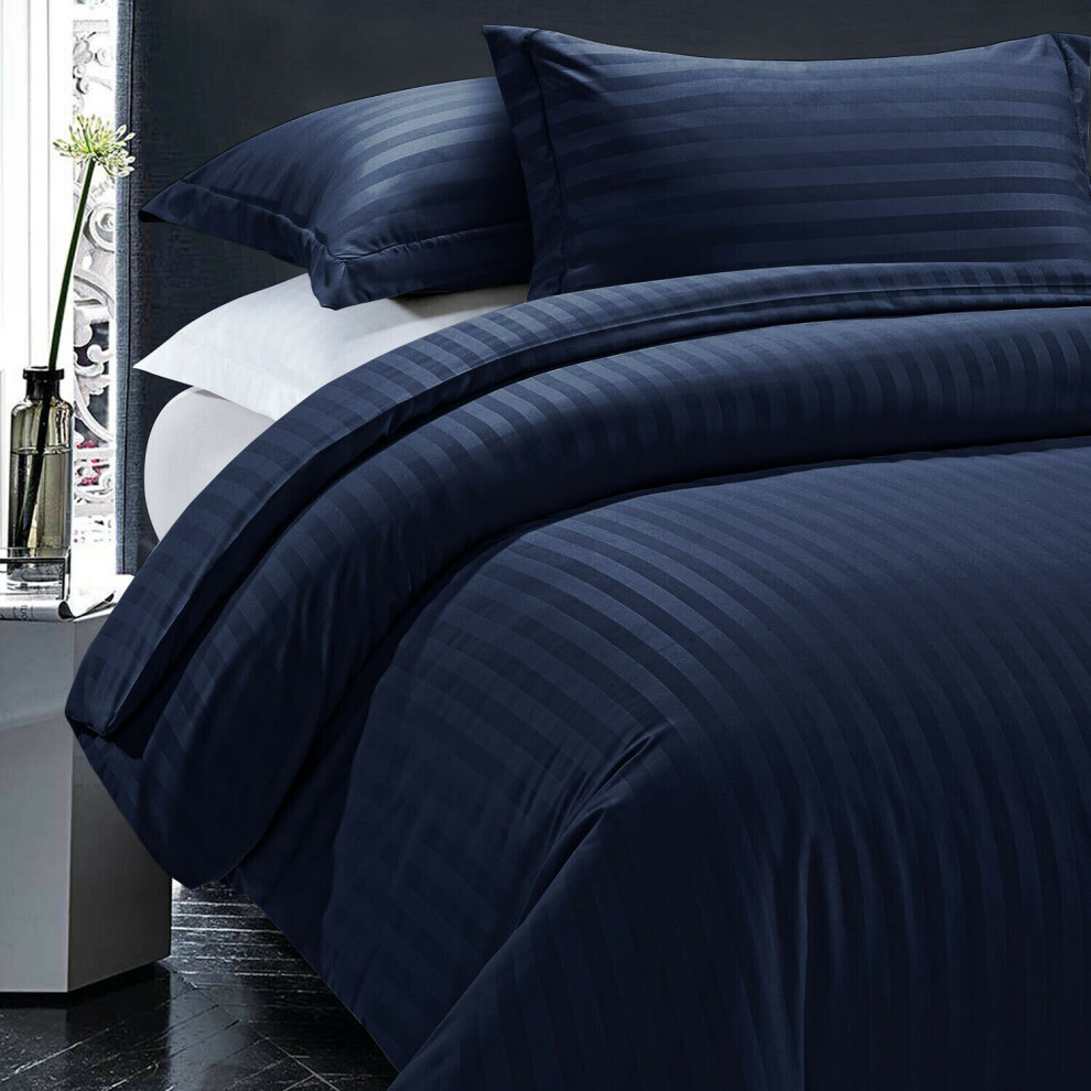 (Navy Blue, Double) Luxury Duvet Set Stripe Duvet Quilt Cover Bedding Set with Pillowcases