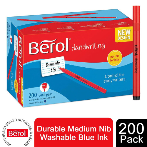 Berol Handwriting Pen Round Durable Medium Nib Washable Blue Ink 200 Pack 1