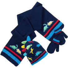 Boys Dinosaur Pattern Winter Hat Scarf Mitts Set - Navy Dinosaur - 2-6 Years