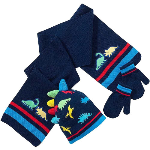 Boys Dinosaur Pattern Winter Hat Scarf Mitts Set - Navy Dinosaur - 2-6 Years