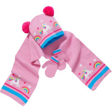 Girls Unicorn Pattern Winter Hat Scarf Mitts Set - Pink Unicorns - 2-6 Years