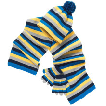Boys Striped Winter Pom Pom Beanie Hat Scarf Gloves Set - Blue Stripe - 2-6 Years