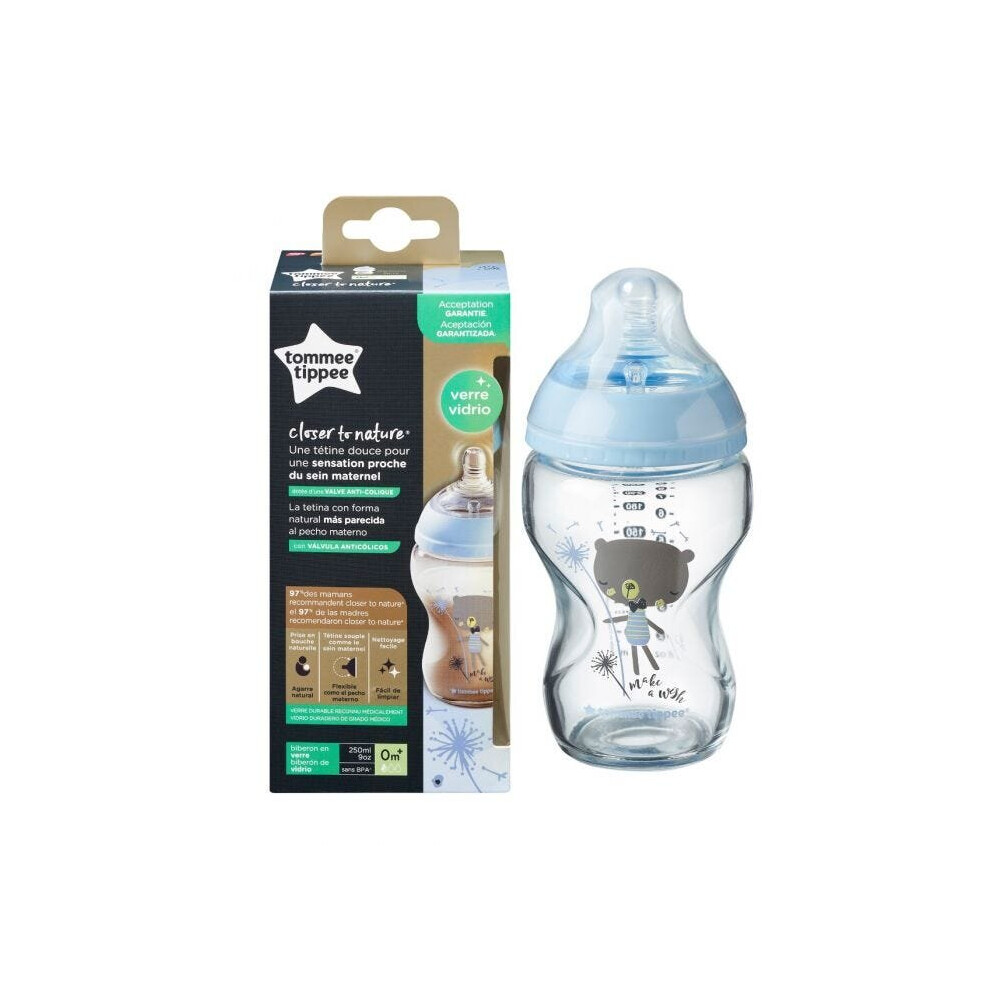 Tommee Tippee Closer to Nature Decorated Glass Baby Bottle 250ml blue - 1 pack