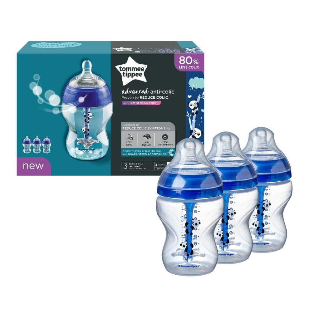 Tommee Tippee Baby Bottles 260ml Advanced Anti-Colic Blue Pack of 3