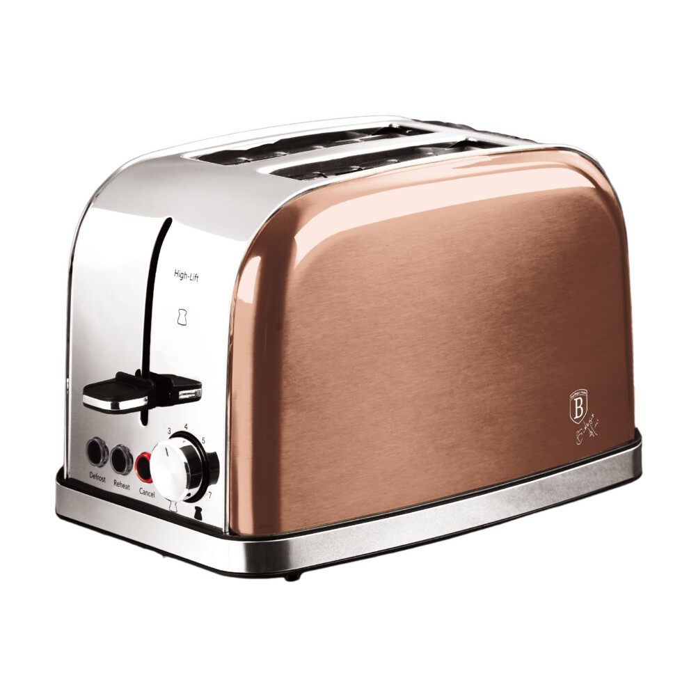 (Rose Gold ) Stainless Steel Berlinger Haus Wide Slots 2 Slice Bread Browning Defrost Toaster