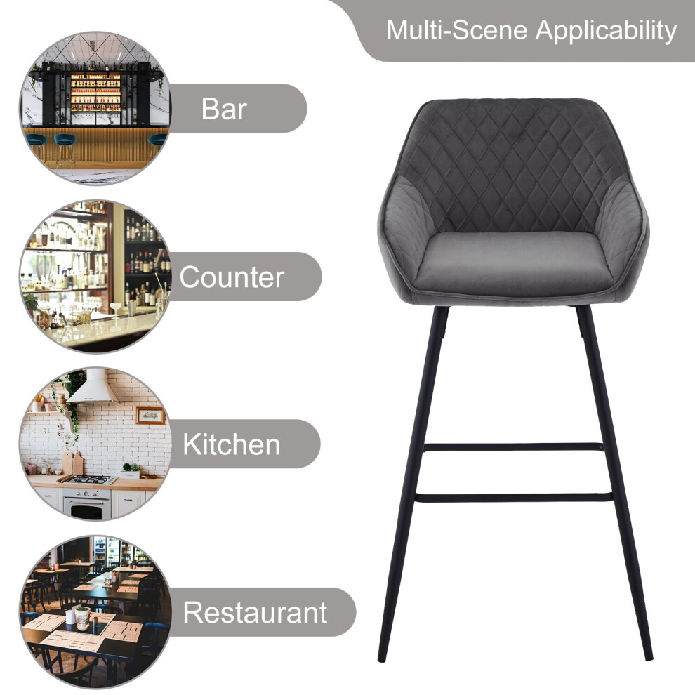 (Grey) Bar Stools X2 Velvet Bar Stools Breakfast Chairs