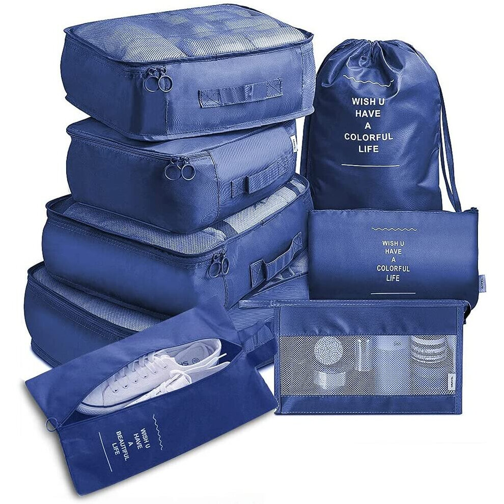 (Navy Blue) Compact Travel Baggage Set Eight Piece