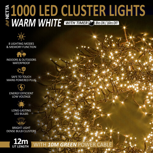 NETTA (1000 LED, Warm White) NETTA Cluster Lights with 8 Light Modes 1