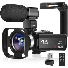 AF1 4K Camcorder with 48MP, 16x Zoom, 3-Inch Touch Screen, 2 Batteries, Remote, External Mic, Fill Light, WiFi for YouTube Grey
