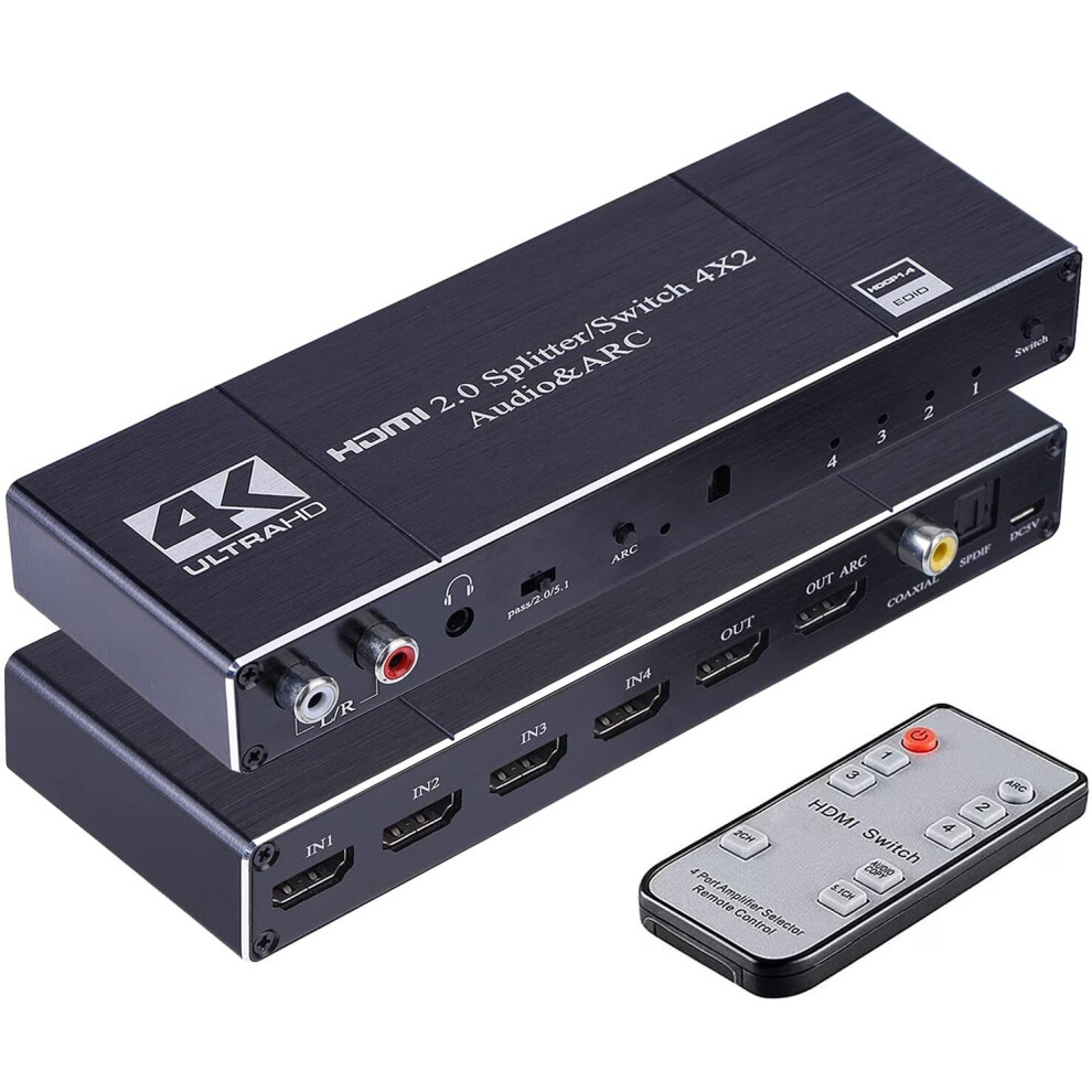 4K HDMI Switch Splitter, 4 in 2 Out HDMI Switch Splitter Support ARC with R/L 3.5mm Audio + Coaxial + SPDIF Audio Extractor Function with IR ..