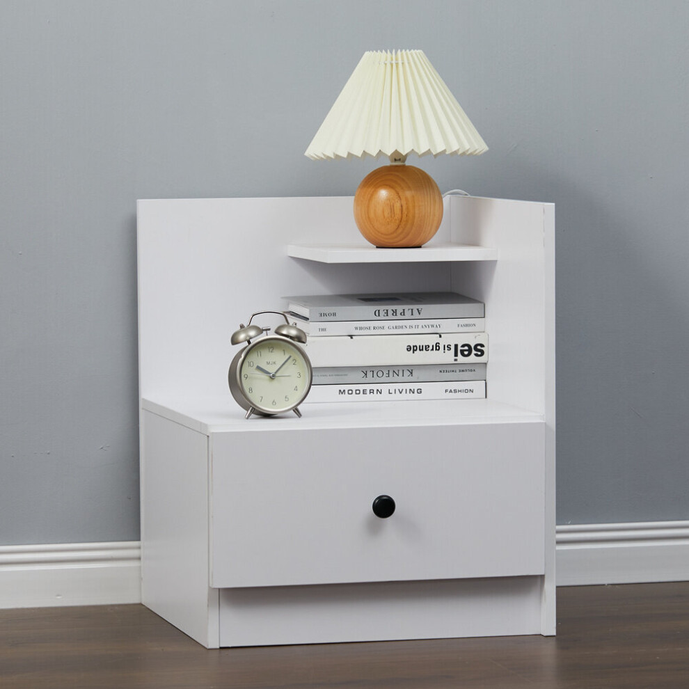 (White) Urban Style Bedside Table with Drawer and Open Shelf Wooden Nightstand