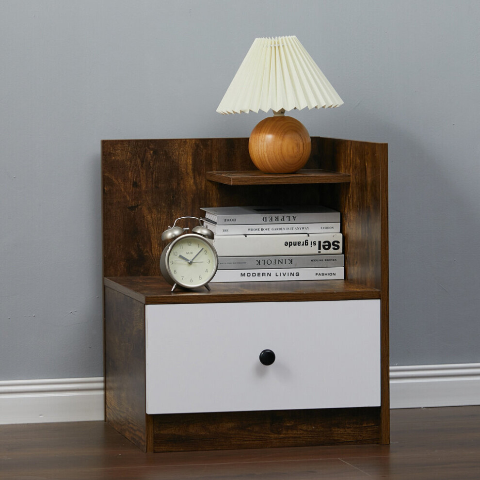 (White & Rustic Brown) Urban Style Bedside Table with Drawer and Open Shelf Wooden Nightstand