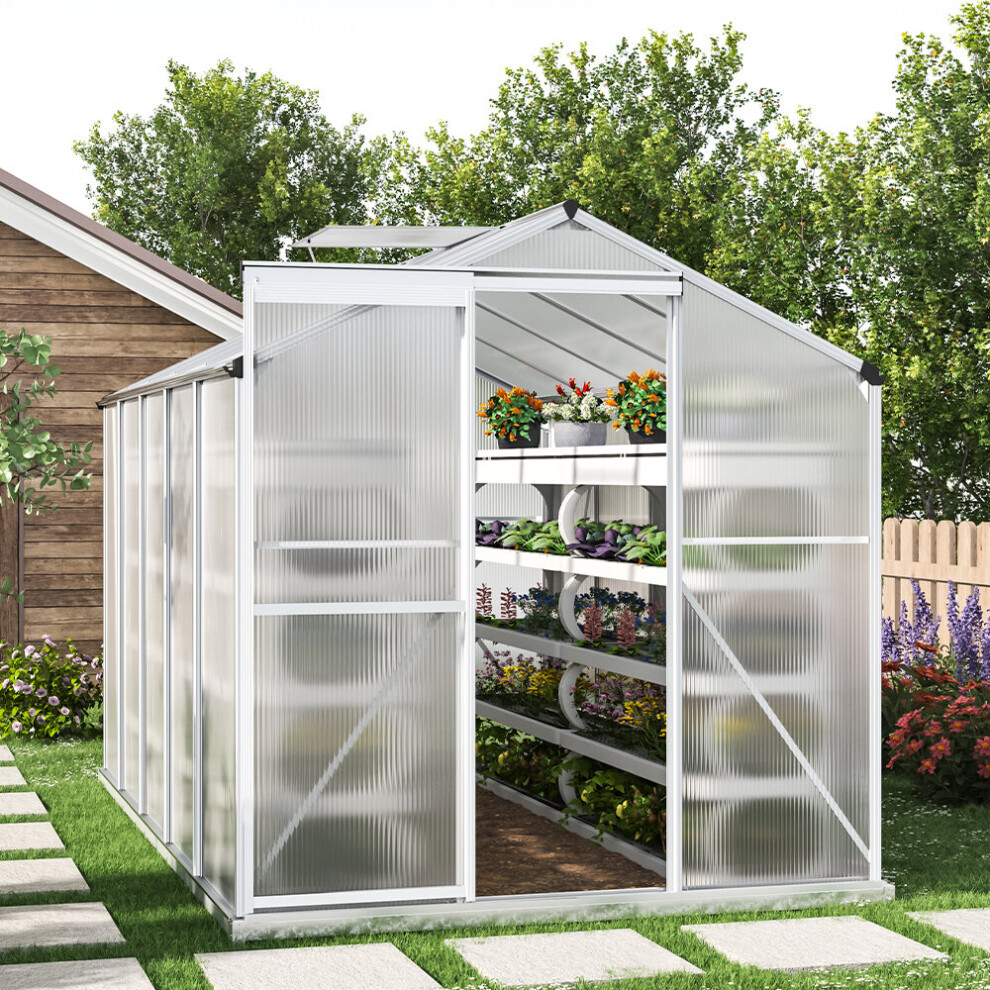 10ft Ã 6ft Greenhouse Polycarbonate Aluminium Greenhouse with Window, Sliding Door, and Foundation