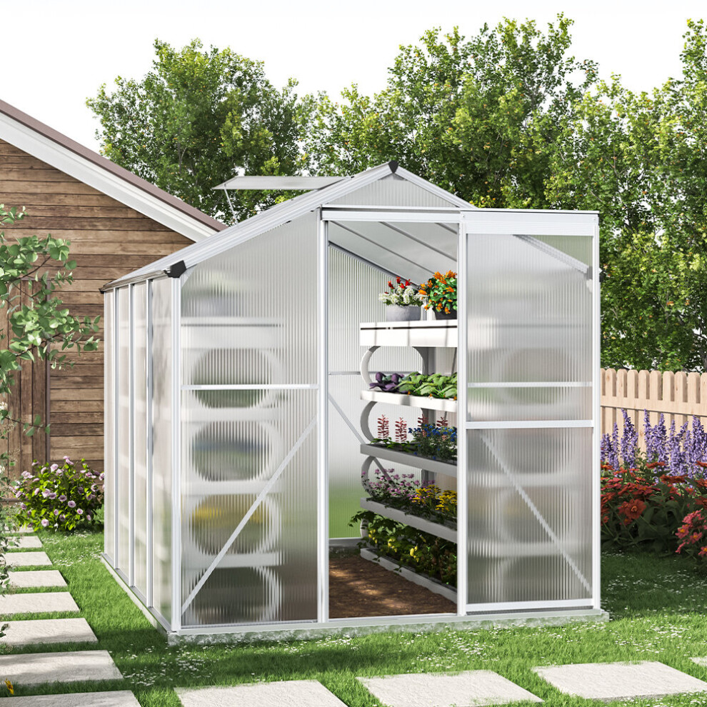 8ft Ã 6ft Greenhouse Polycarbonate Aluminium Greenhouse with Window, Sliding Door, and Foundation