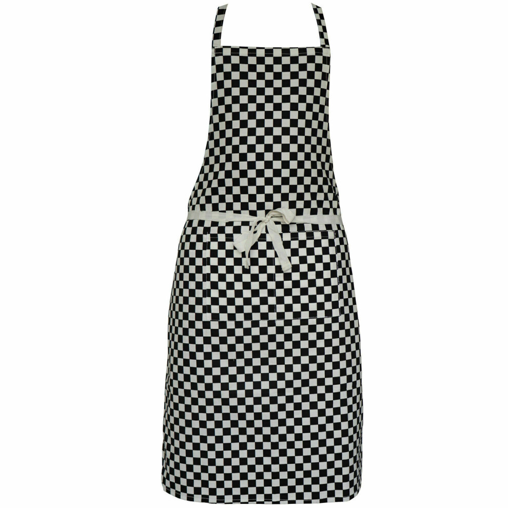 (Black & White Chess Board) Striped Chefs Apron Kitchen Cooking Front Pocket