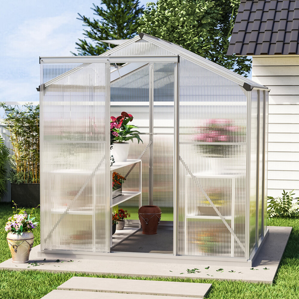 Living And Home 6Ft × 6Ft Greenhouse Polycarbonate Aluminium Greenhouse With Window And Sliding Door