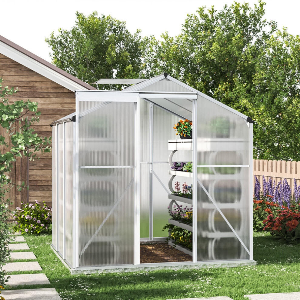 6ft Ã 6ft Greenhouse Polycarbonate Aluminium Greenhouse with Window, Sliding Door, and Foundation