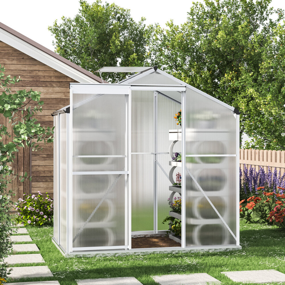 4ft Ã 6ft Greenhouse Polycarbonate Aluminium Greenhouse with Window, Sliding Door, and Foundation