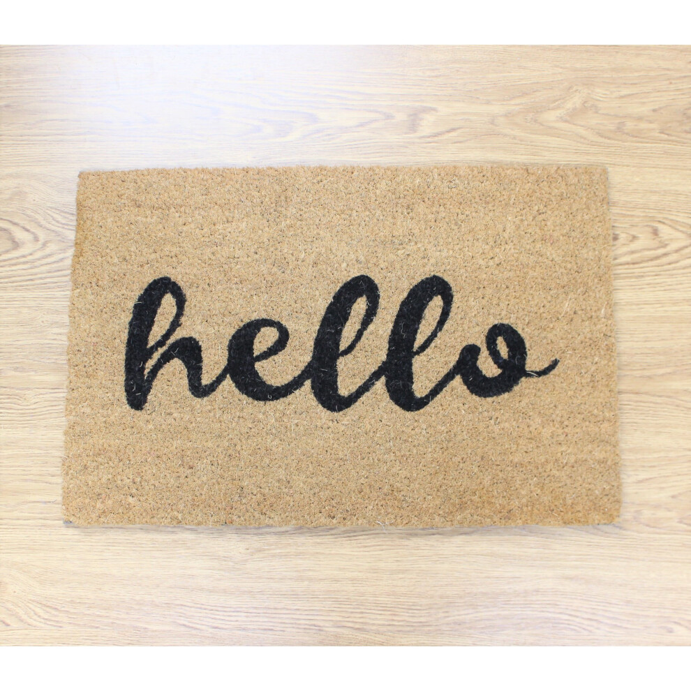 60x40cm Coir Door Mat Hello Cursive Text Entrance Mat Rug Anti-Slip Dirt Scraper