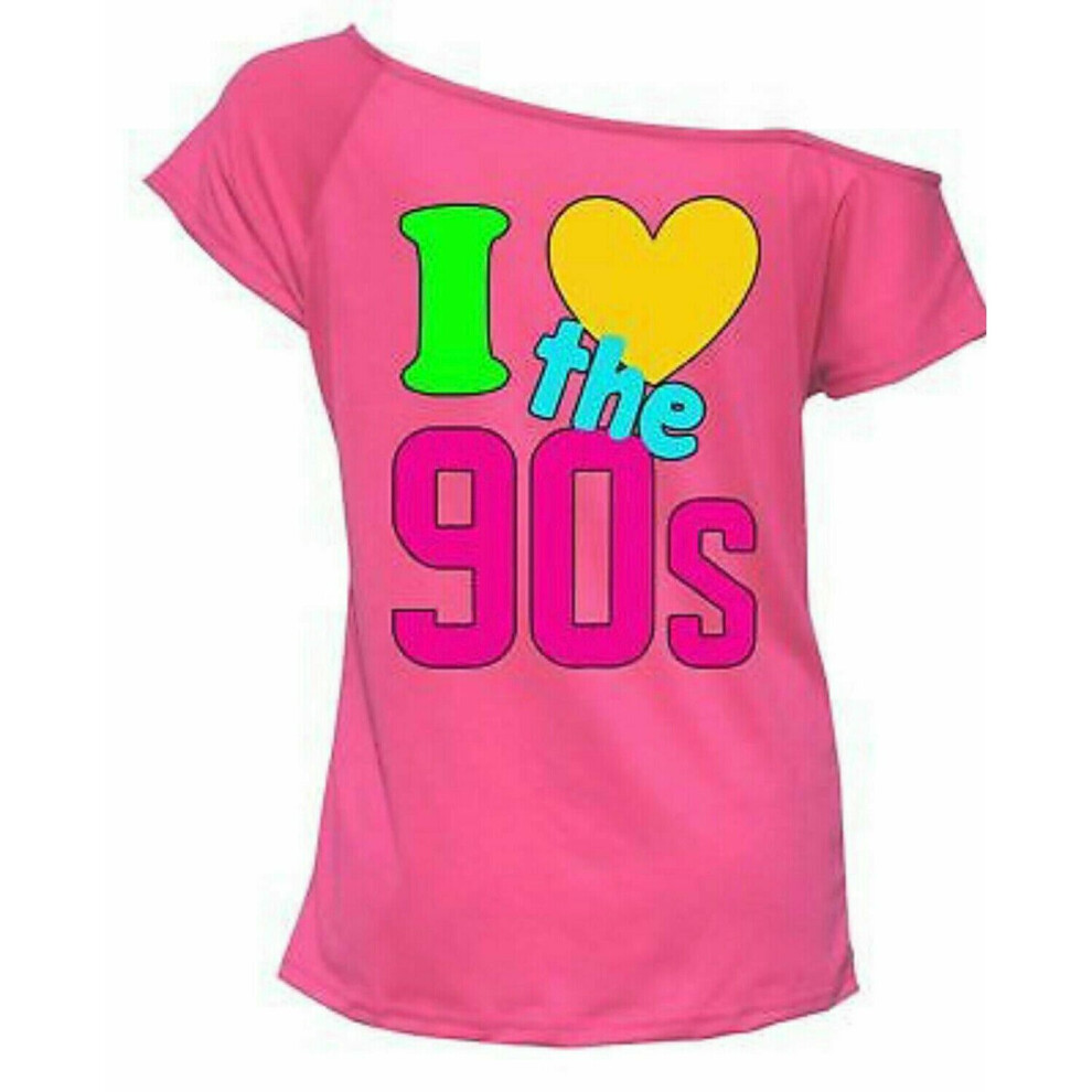 (Pink, SM (UK 8-10)) Ladies I love the 90s Pop disco party festival retro off the shoulder top Tshirt