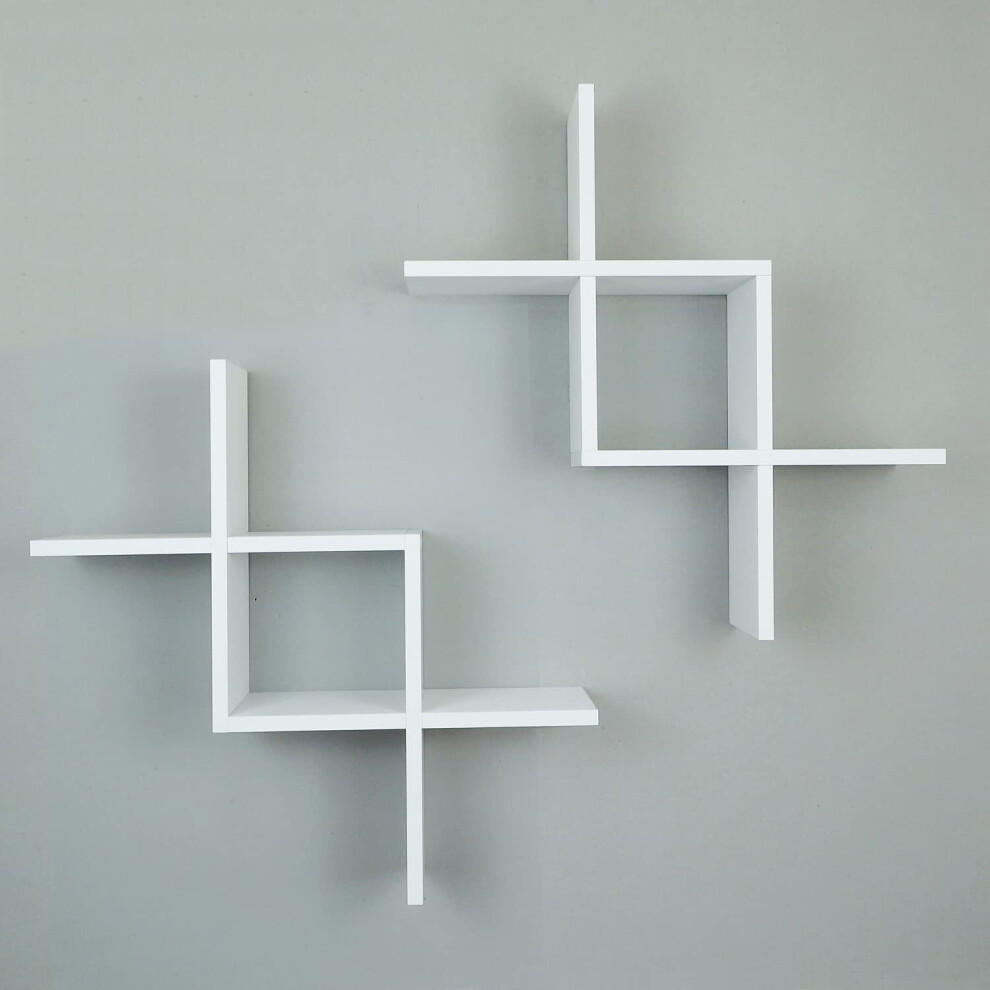 (WHITE) Criss Cross Floating Shelves Dec WallShelf SET OF2